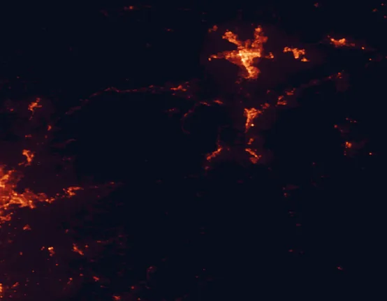 Satellite night-light map of the 100 km around Emerald Bay State Park, with Reno, Sparks and Carson City marked