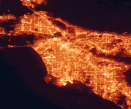 Satellite night-light map of the 50 km around Florence-Graham, with Los Angeles, Long Beach and Anaheim marked