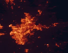 Satellite night-light map of the 50 km around Folsom, with Sacramento, Roseville and Citrus Heights marked