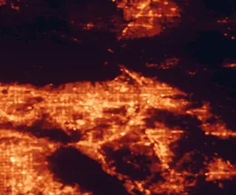 Satellite night-light map of the 50 km around Fontana, with Riverside, San Bernardino and Rancho Cucamonga marked