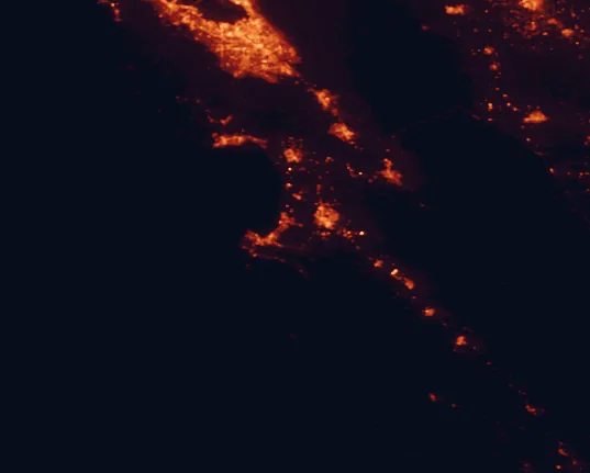 Satellite night-light map of the 100 km around Fort Ord National Monument, with San Jose, Salinas and Sunnyvale marked