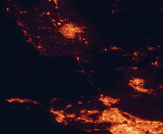 Satellite night-light map of the 100 km around Fort Tejon, with Los Angeles, Bakersfield and Santa Clarita marked