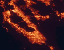 Satellite night-light map of the 50 km around Fremont, with San Jose, San Francisco and Oakland marked