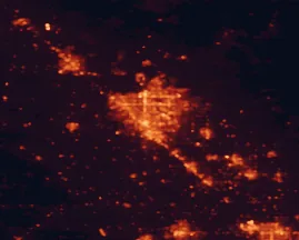 Satellite night-light map of the 50 km around Fresno, with Clovis, Visalia and Madera marked