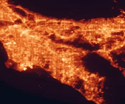Satellite night-light map of the 50 km around Fullerton, with Los Angeles, Long Beach and Santa Ana marked