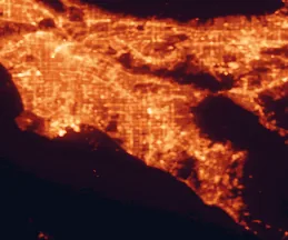 Satellite night-light map of the 50 km around Garden Grove, with Los Angeles, Anaheim and Santa Ana marked