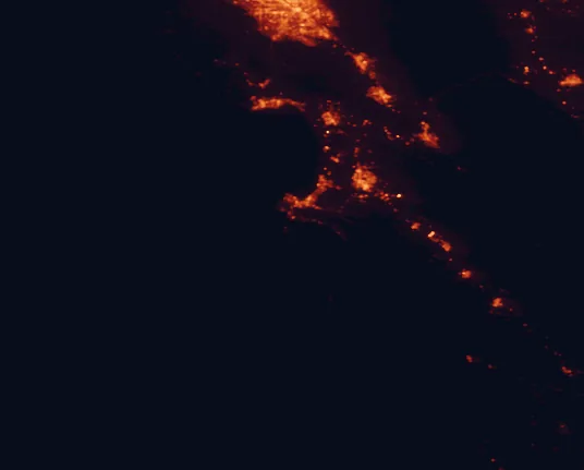 Satellite night-light map of the 100 km around Garrapata State Park, with Salinas, Seaside and Santa Cruz marked