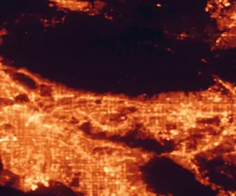 Satellite night-light map of the 50 km around Glendora, with Los Angeles, Anaheim and Long Beach marked