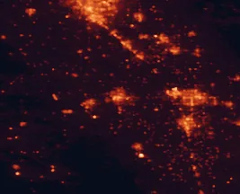 Satellite night-light map of the 50 km around Hanford, with Fresno, Visalia and Tulare marked