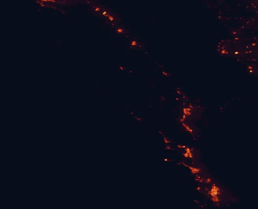 Satellite night-light map of the 100 km around Hearst Castle, with Santa Maria, San Luis Obispo and Paso Robles marked