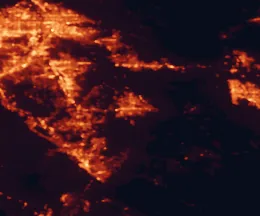 Satellite night-light map of the 50 km around Hemet, with Riverside, Moreno Valley and San Bernardino marked