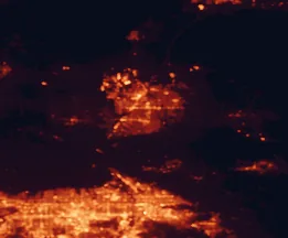 Satellite night-light map of the 50 km around Hesperia, with Victorville, San Bernardino and Fontana marked
