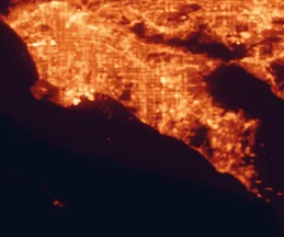 Satellite night-light map of the 50 km around Huntington Beach, with Los Angeles, Long Beach and Santa Ana marked