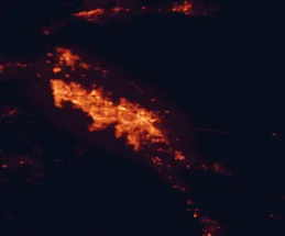 Satellite night-light map of the 50 km around Indio, with Coachella, Palm Desert and La Quinta marked