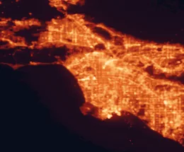 Satellite night-light map of the 50 km around Inglewood, with Los Angeles, Long Beach and Anaheim marked