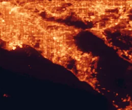 Satellite night-light map of the 50 km around Irvine, with Los Angeles, Santa Ana and Anaheim marked