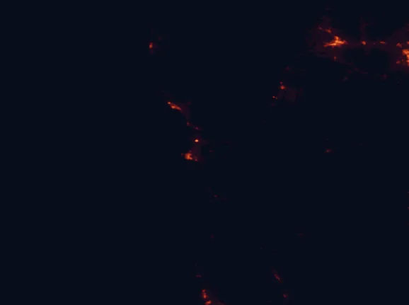Satellite night-light map of the 100 km around Jedediah Smith Redwoods State Park, with Grants Pass and McKinleyville marked