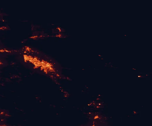 Satellite night-light map of the 100 km around Joshua Tree National Park, with Indio, Coachella and Palm Desert marked