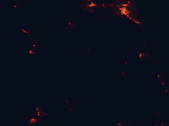 Satellite night-light map of the 100 km around Klamath National Forest, with Medford, Grants Pass and Eureka marked