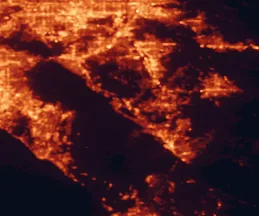Satellite night-light map of the 50 km around Lake Elsinore, with Riverside, Moreno Valley and Irvine marked