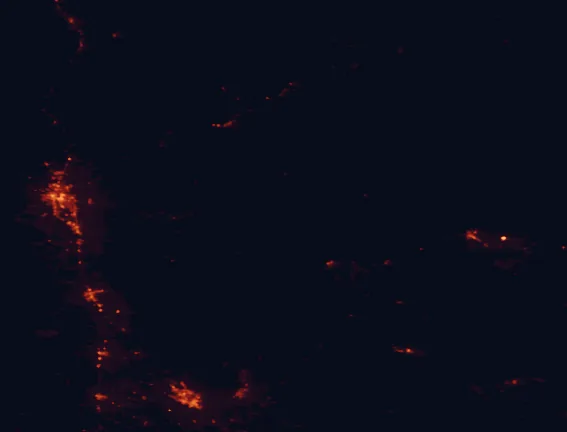 Satellite night-light map of the 100 km around Lassen Volcanic National Park, with Chico, Redding and Paradise marked