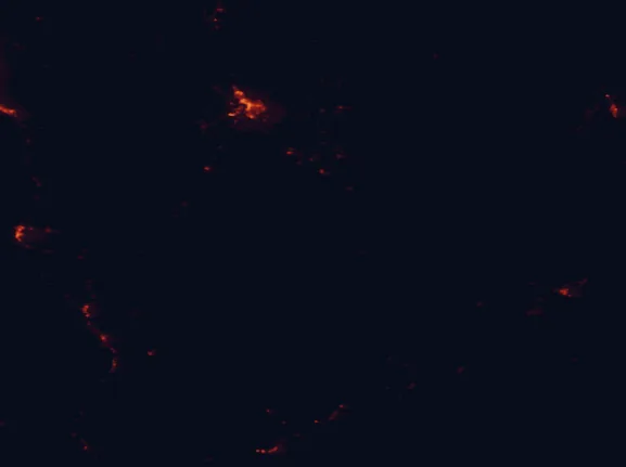 Satellite night-light map of the 100 km around Lava Beds National Monument, with Klamath Falls and Altamont marked