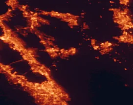 Satellite night-light map of the 50 km around Livermore, with San Jose, Oakland and Fremont marked