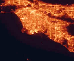 Satellite night-light map of the 50 km around Long Beach, with Los Angeles, Anaheim and Santa Ana marked
