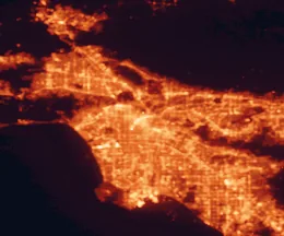 Satellite night-light map of the 50 km around Los Angeles, with Long Beach, Glendale and East Los Angeles marked