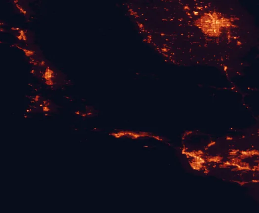 Satellite night-light map of the 100 km around Los Padres National Forest, with Bakersfield, Oxnard and Santa Barbara marked