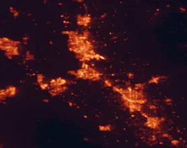 Satellite night-light map of the 50 km around Manteca, with Stockton, Modesto and Tracy marked