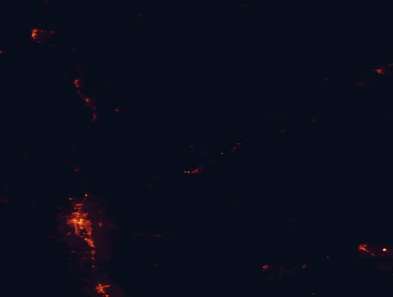 Satellite night-light map of the 100 km around McArthur-Burney Falls Memorial State Park, with Redding, Susanville and Red Bluff marked