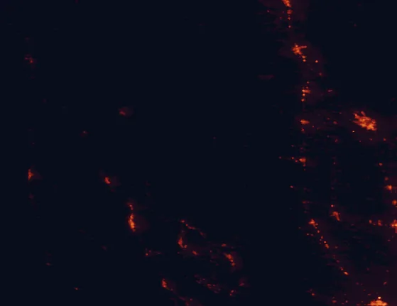 Satellite night-light map of the 100 km around Mendocino National Forest, with Chico, Ukiah and Clearlake marked