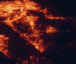 Satellite night-light map of the 50 km around Menifee, with Riverside, Moreno Valley and San Bernardino marked