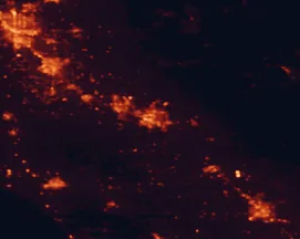 Satellite night-light map of the 50 km around Merced, with Modesto, Turlock and Atwater marked