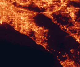 Satellite night-light map of the 50 km around Mission Viejo, with Irvine, Santa Ana and Anaheim marked