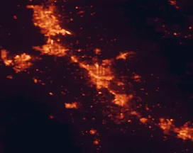 Satellite night-light map of the 50 km around Modesto, with Stockton, Ceres and Turlock marked