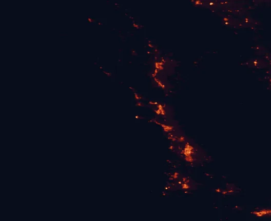 Satellite night-light map of the 100 km around Montaña de Oro State Park, with Santa Maria, San Luis Obispo and Atascadero marked
