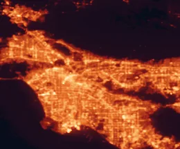 Satellite night-light map of the 50 km around Monterey Park, with Los Angeles, Long Beach and Anaheim marked