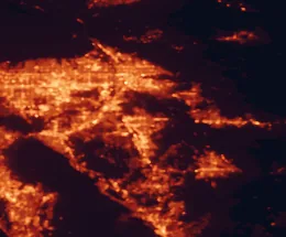 Satellite night-light map of the 50 km around Moreno Valley, with Riverside, San Bernardino and Fontana marked