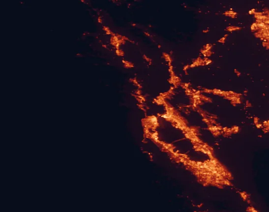 Satellite night-light map of the 100 km around Muir Woods National Monument, with San Francisco, San Jose and Oakland marked