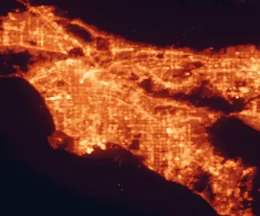 Satellite night-light map of the 50 km around Norwalk, with Los Angeles, Long Beach and Anaheim marked