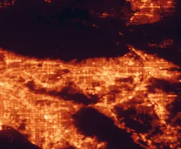 Satellite night-light map of the 50 km around Ontario, with Rancho Cucamonga, Riverside and Pomona marked