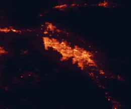 Satellite night-light map of the 50 km around Palm Desert, with Indio, Cathedral City and La Quinta marked