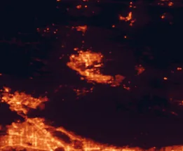 Satellite night-light map of the 50 km around Palmdale, with Lancaster, Santa Clarita and Valencia marked