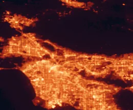 Satellite night-light map of the 50 km around Pasadena, with Los Angeles, Glendale and Long Beach marked