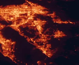 Satellite night-light map of the 50 km around Perris, with Riverside, Moreno Valley and San Bernardino marked