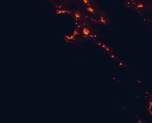 Satellite night-light map of the 100 km around Pfeiffer Big Sur State Park, with Salinas, Santa Cruz and Watsonville marked