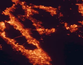 Satellite night-light map of the 50 km around Pleasanton, with San Jose, Fremont and Oakland marked