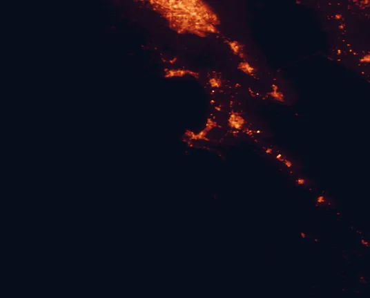 Satellite night-light map of the 100 km around Point Lobos State Natural Reserve, with San Jose, Salinas and Sunnyvale marked